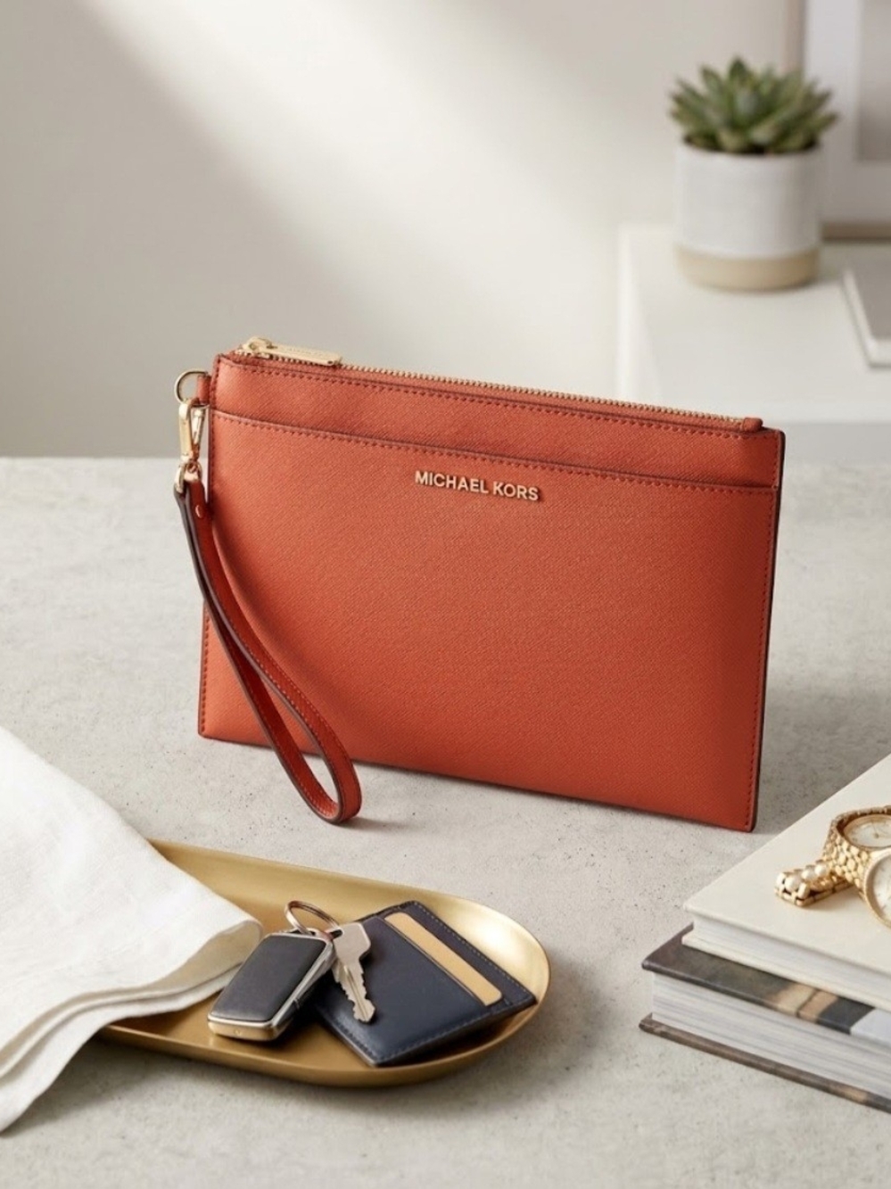 Michael Kors Saffiano Large Leather Wristlet- Burnt Orange EUC